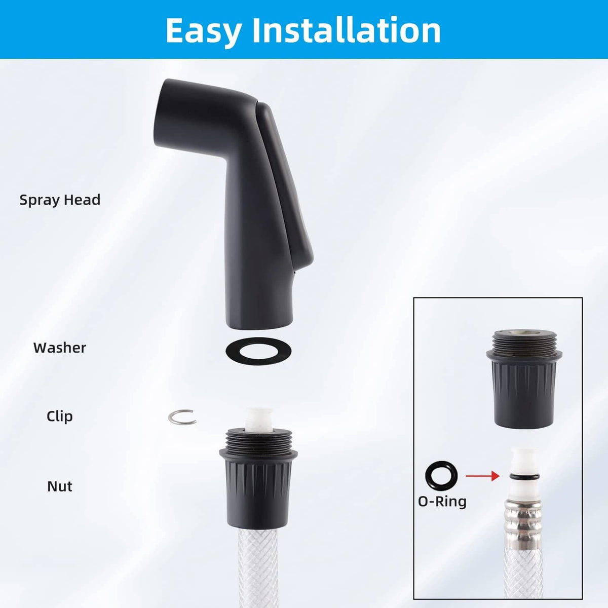 Matte black sprayer head replacement with washer, clip, nut, and O-ring parts