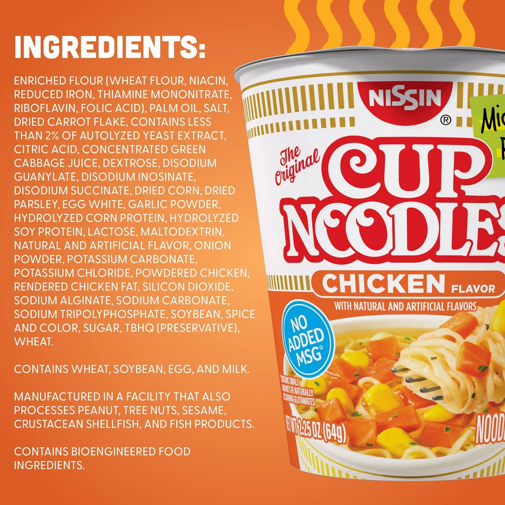 Nissin Cup Noodles chicken flavor paper cup with ingredients text and cup front