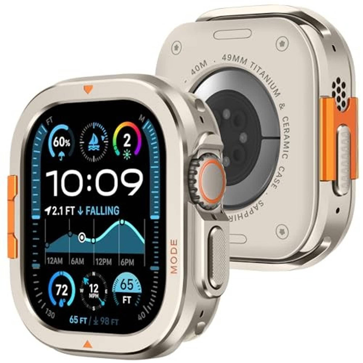 Metal Apple Watch 49mm case with titanium-style frame, orange side buttons, front-right angle