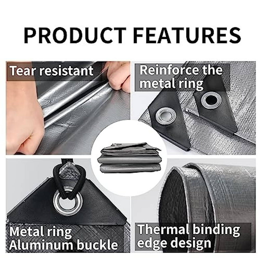 Heavy-duty tarp close-up showing reinforced metal ring, bound edge, and tear-resistant surface.