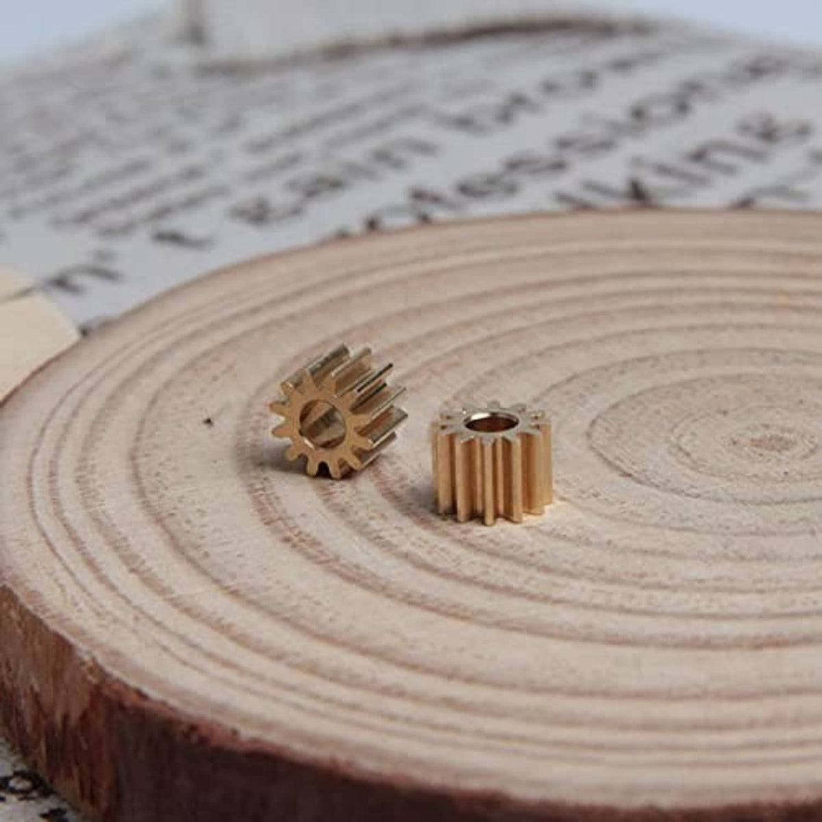 Two small 12-tooth spur gears with 3 mm bores on a wooden slice