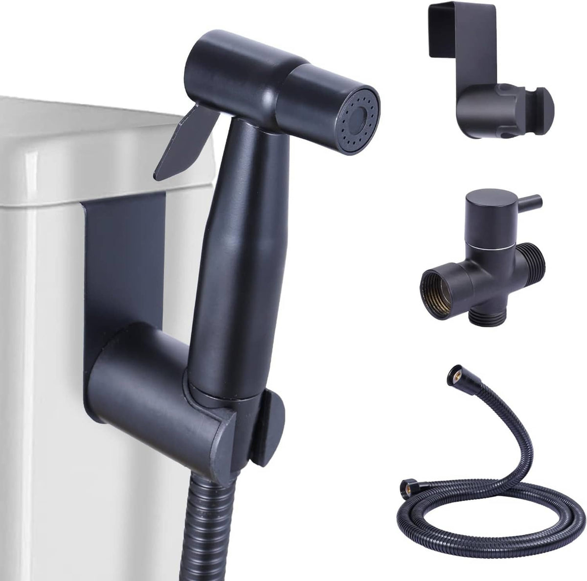 Black handheld bidet sprayer with lever and wall mount, plus braided hose and valve