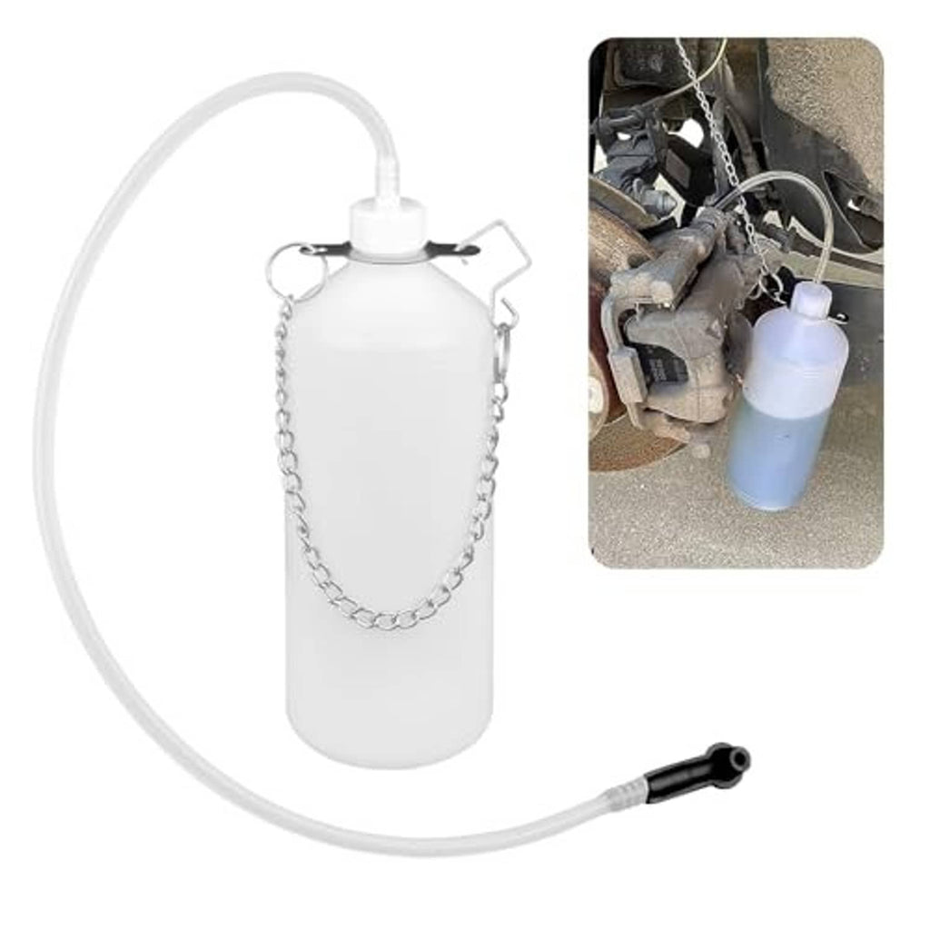 Brake bleeder bottle kit with hanging chain, white reservoir, and clear hose with connector