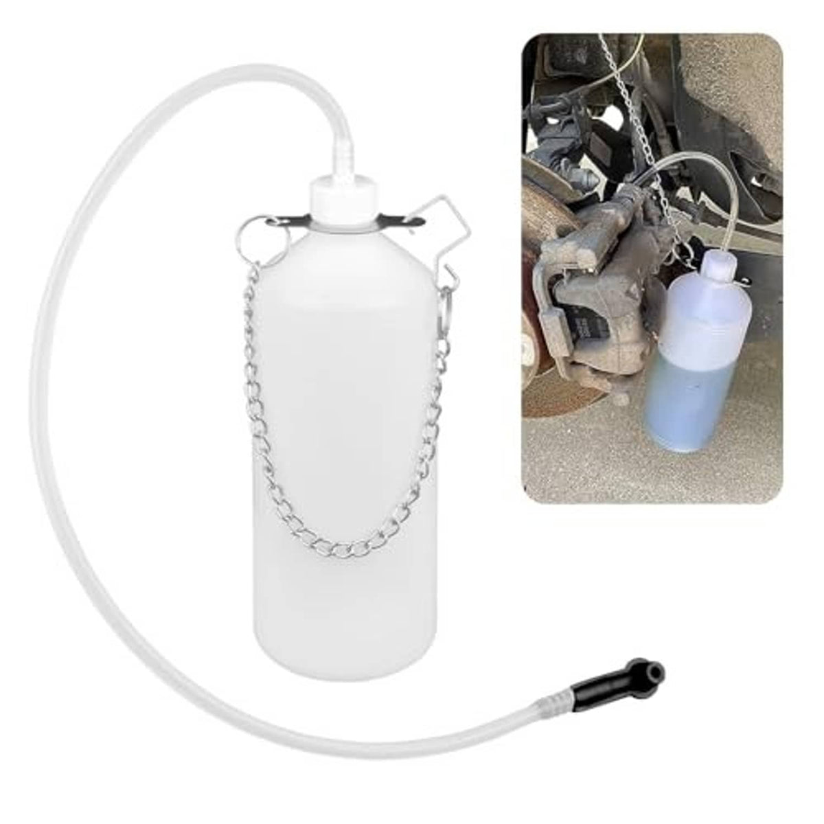 Brake bleeder bottle kit with hanging chain, white reservoir, and clear hose with connector