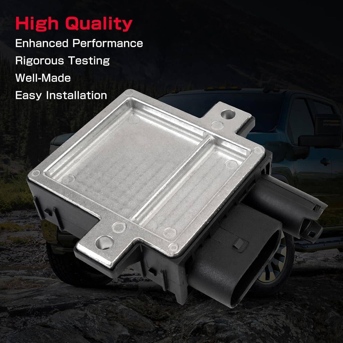 Glow plug control module with silver metal cover and black multi-pin connector