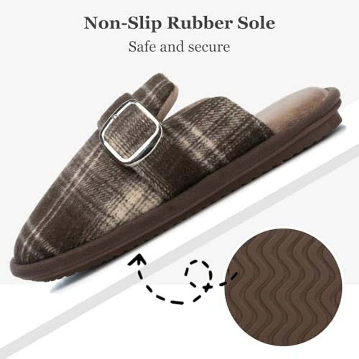 Plaid fuzzy slide slippers with buckle strap and textured non-slip rubber sole