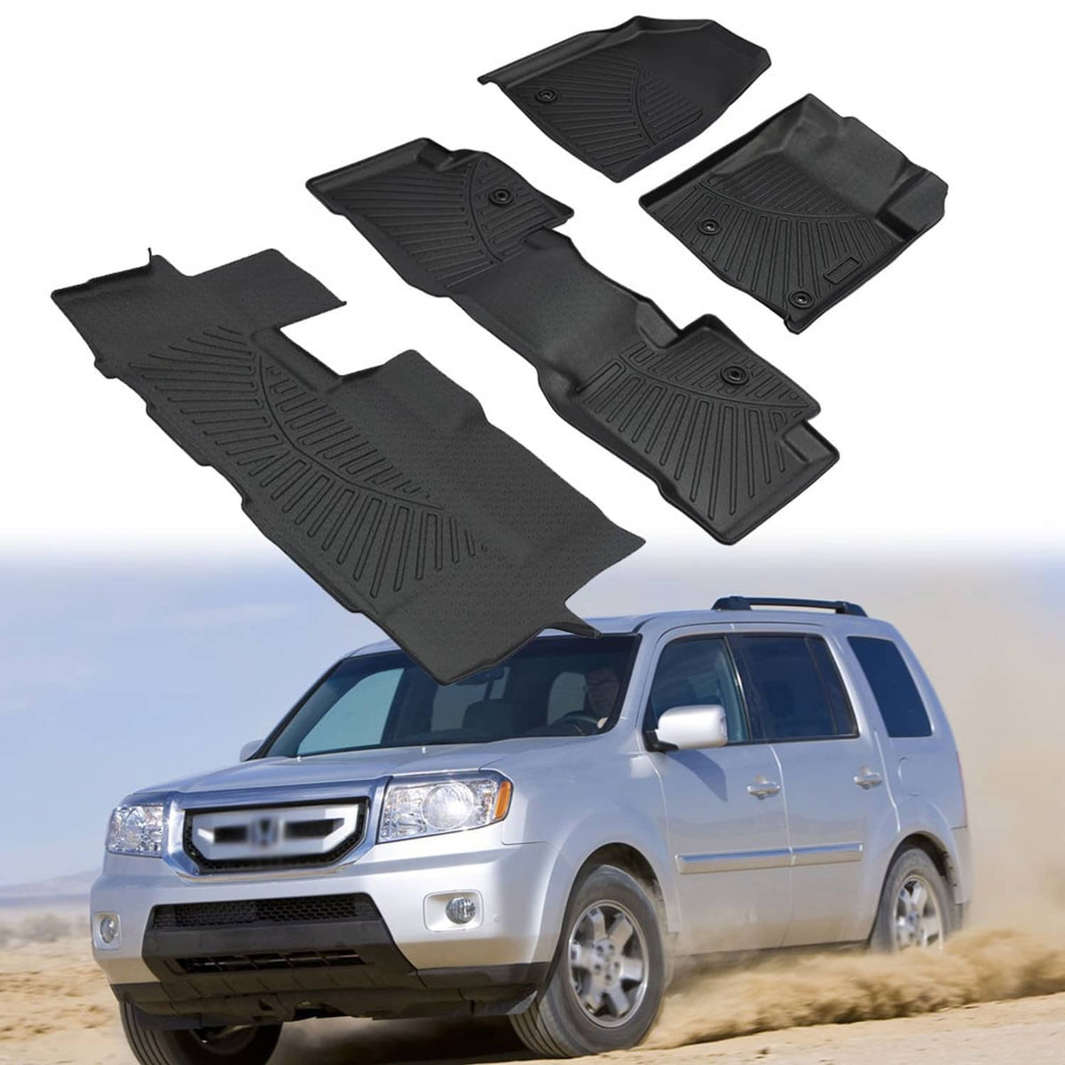 Black TPE floor mat liners set with raised grip patterns for 3-row coverage