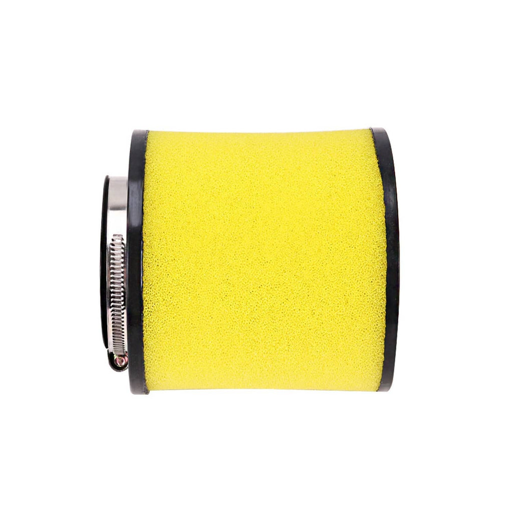 Yellow foam air filter cylinder with black end caps and metal band clamp