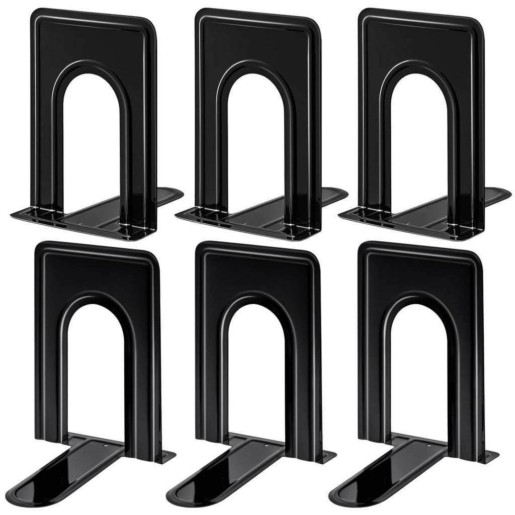 Black metal bookend sets with arched uprights and flat weighted base, non-slip feet