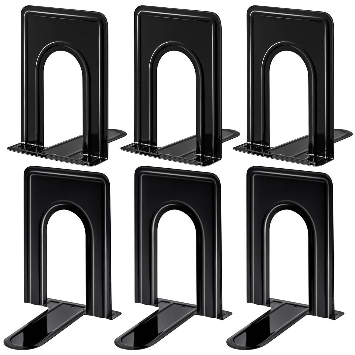 Black metal bookend sets with arched uprights and flat weighted base, non-slip feet