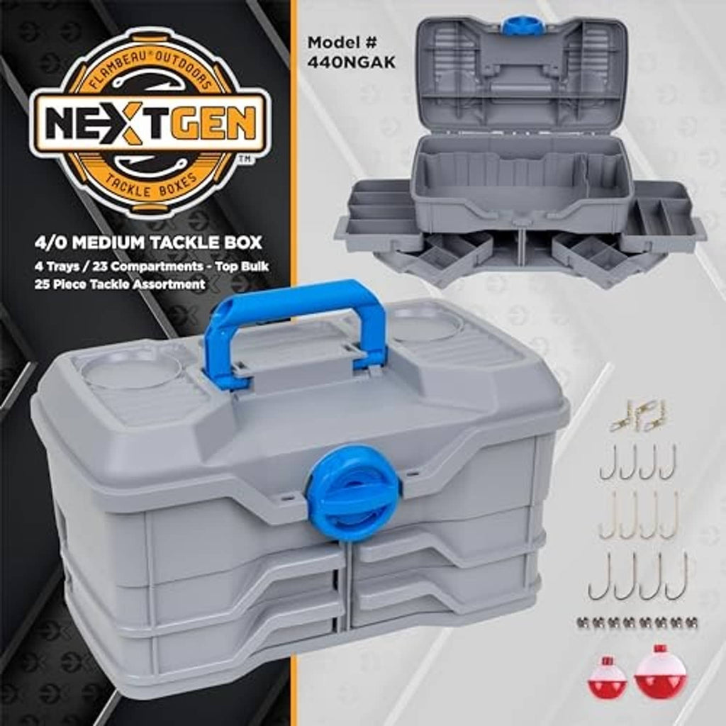 Open light gray tackle box with blue latch and partitions; visible hooks and tackle