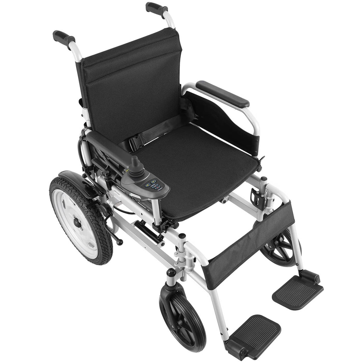 Foldable electric wheelchair in side view, black padded seat, footrests, joystick control