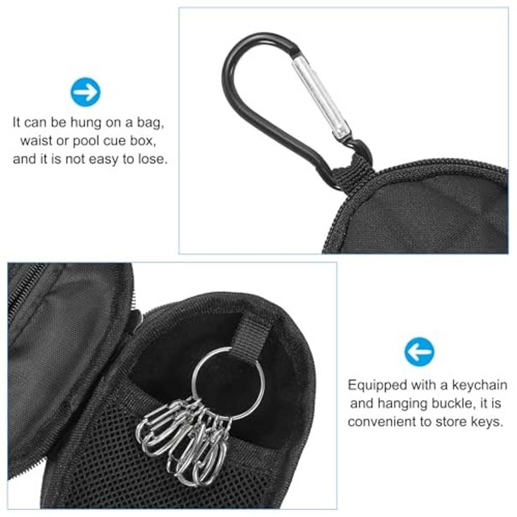 Black oval chalk pouch with keychain ring, carabiner clip, zippered opening