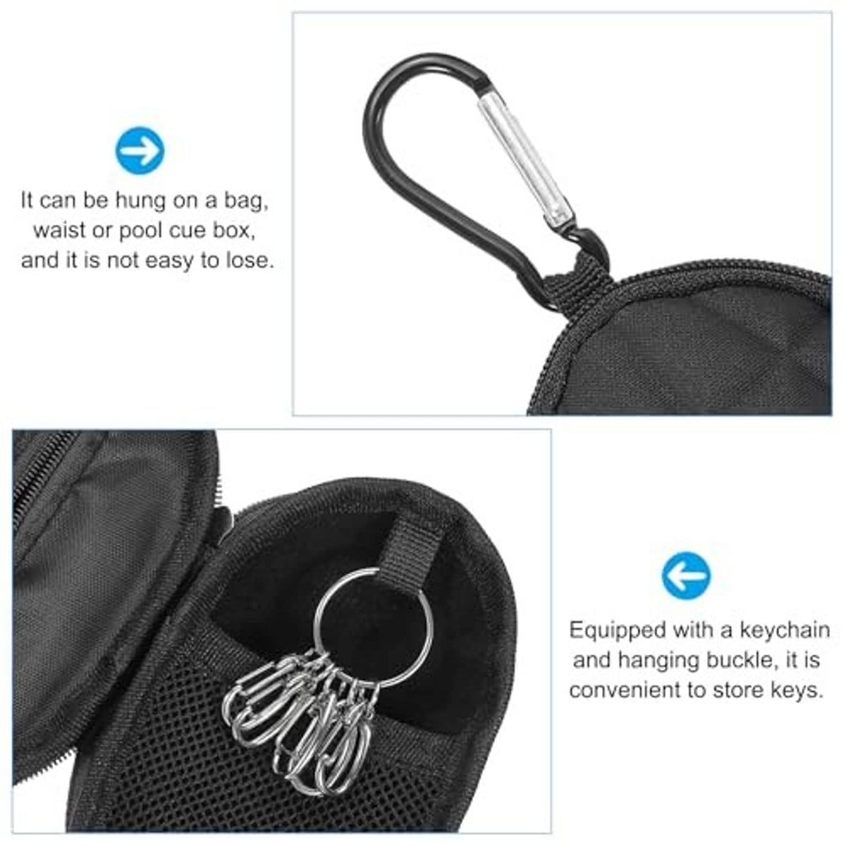 Black oval chalk pouch with keychain ring, carabiner clip, zippered opening