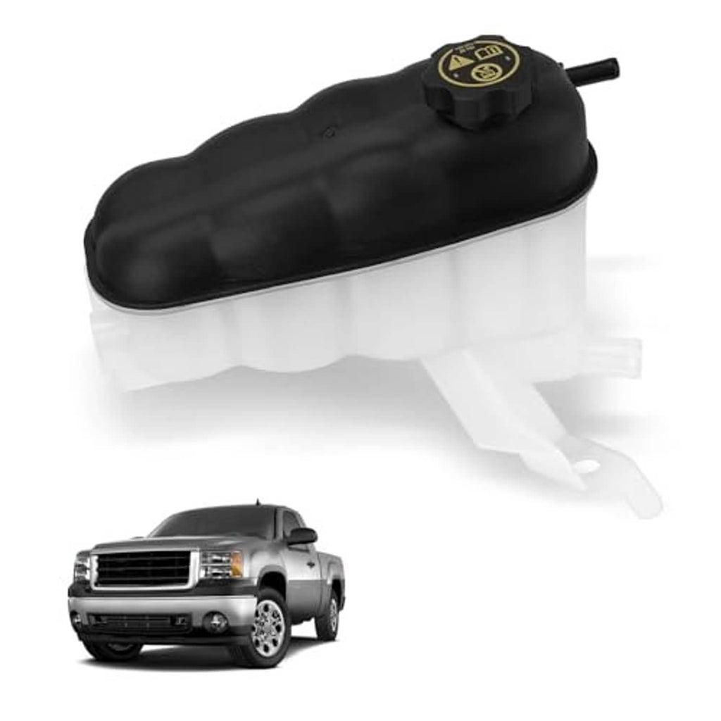 Black coolant expansion reservoir tank with cap and molded outlet tube
