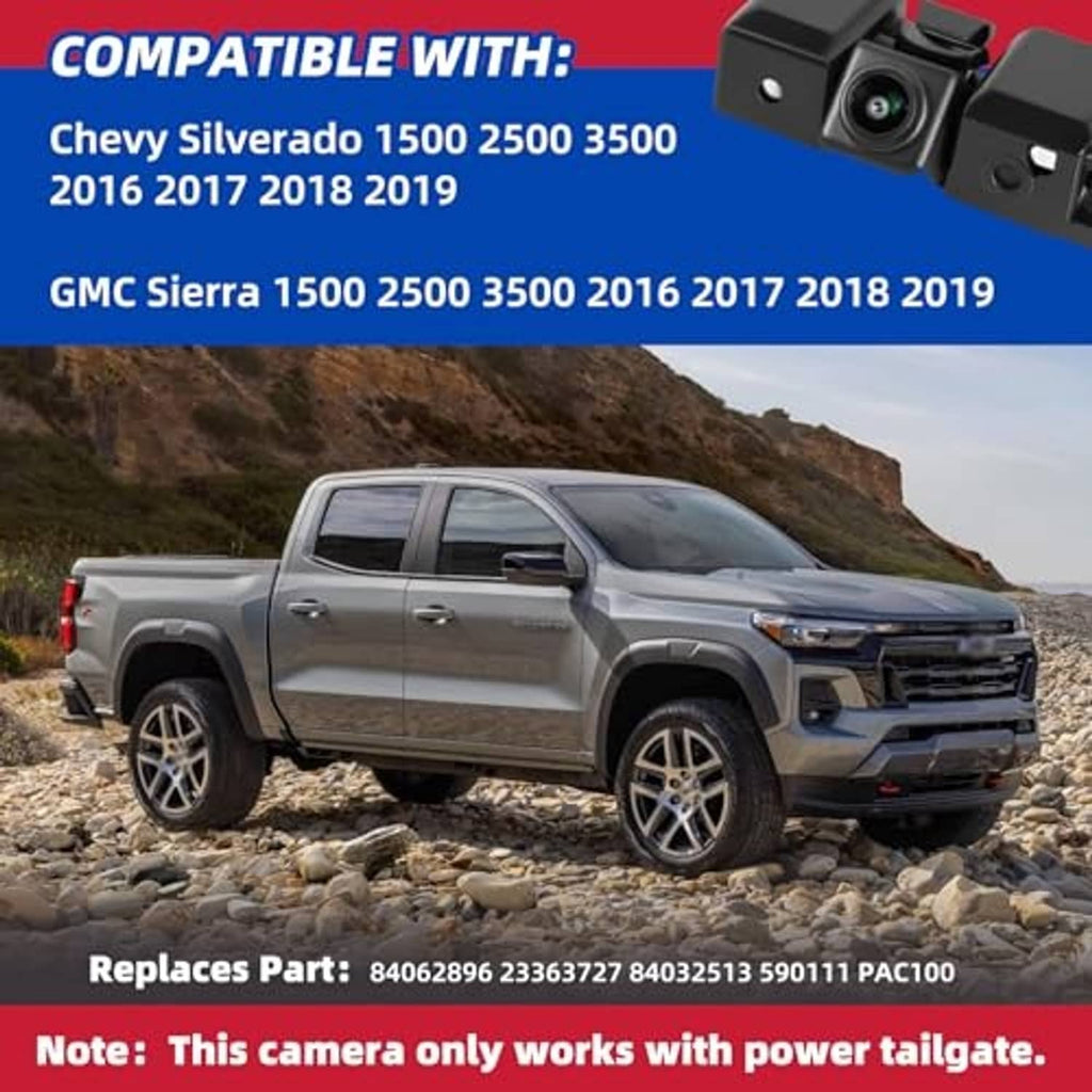 Pickup truck rear with backup camera module mounted near the tailgate