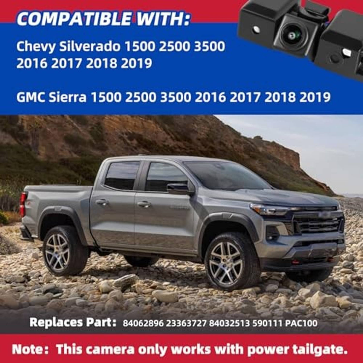 Pickup truck rear with backup camera module mounted near the tailgate