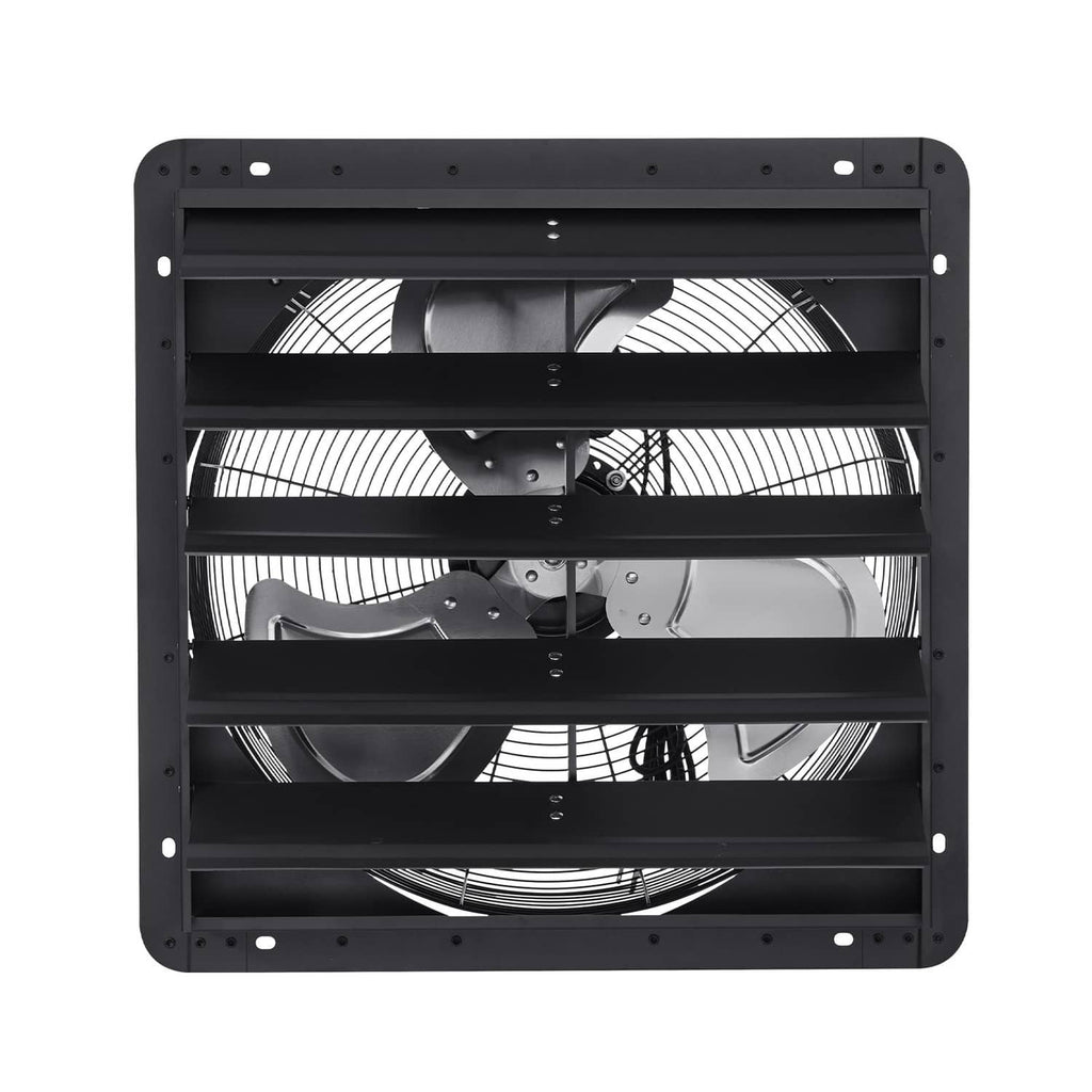 Wall-mounted shutter exhaust fan interior with fan blades behind dark grille frame