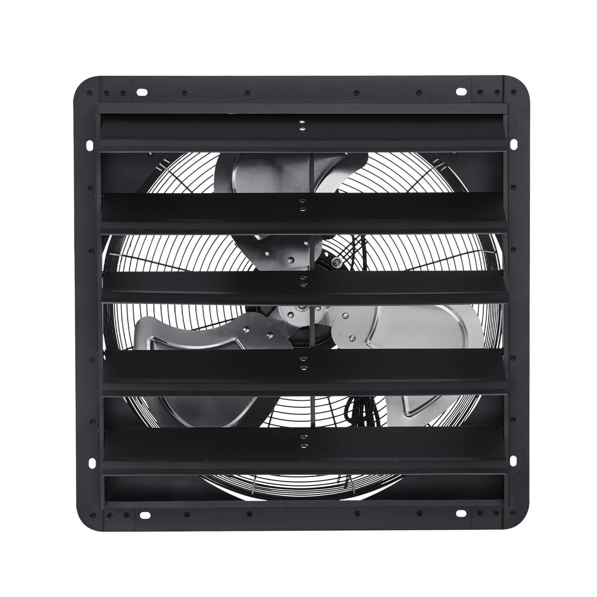 Wall-mounted shutter exhaust fan interior with fan blades behind dark grille frame