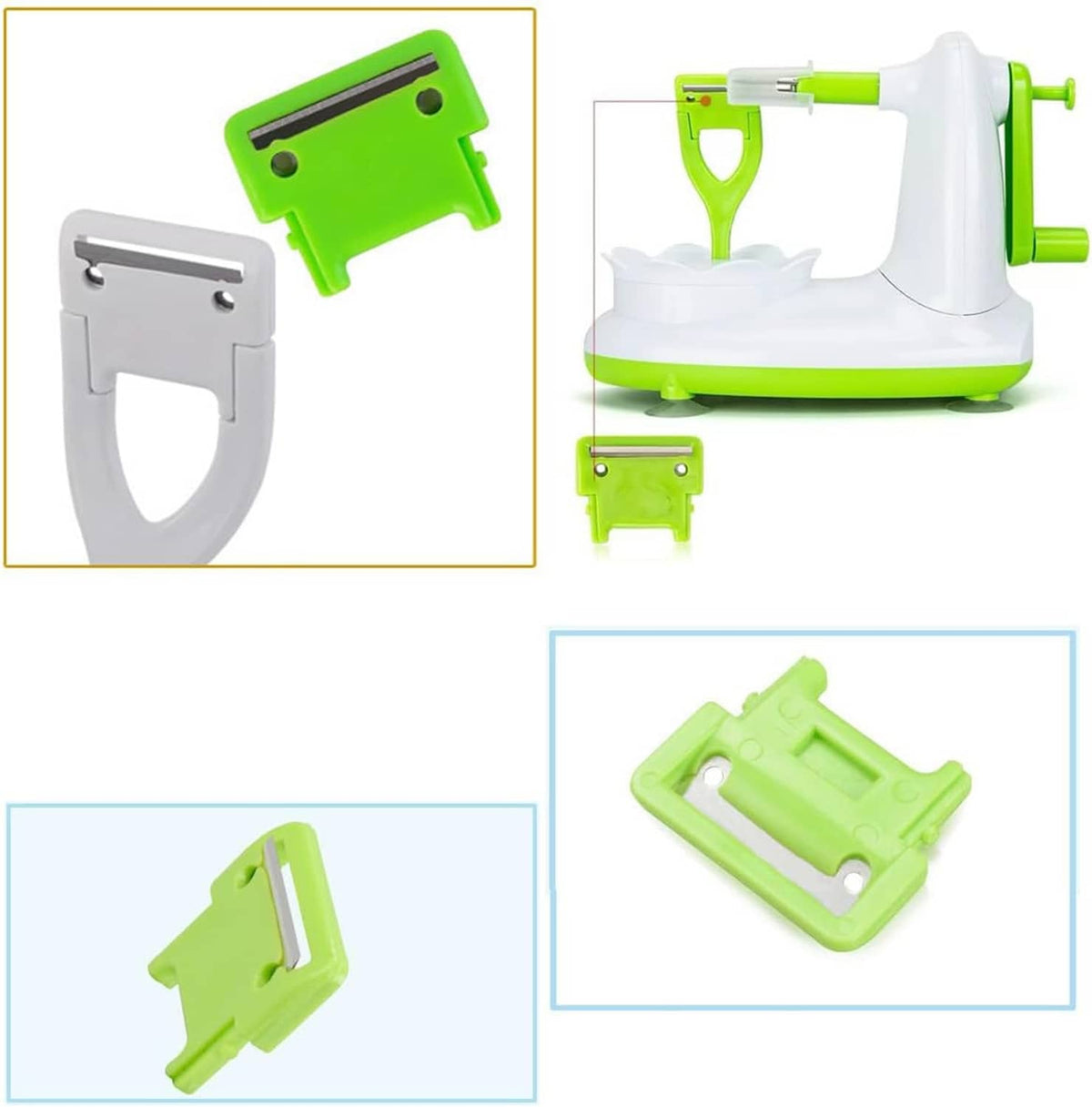 Replacement apple peeler blades, green and gray, with metal scraper inserts