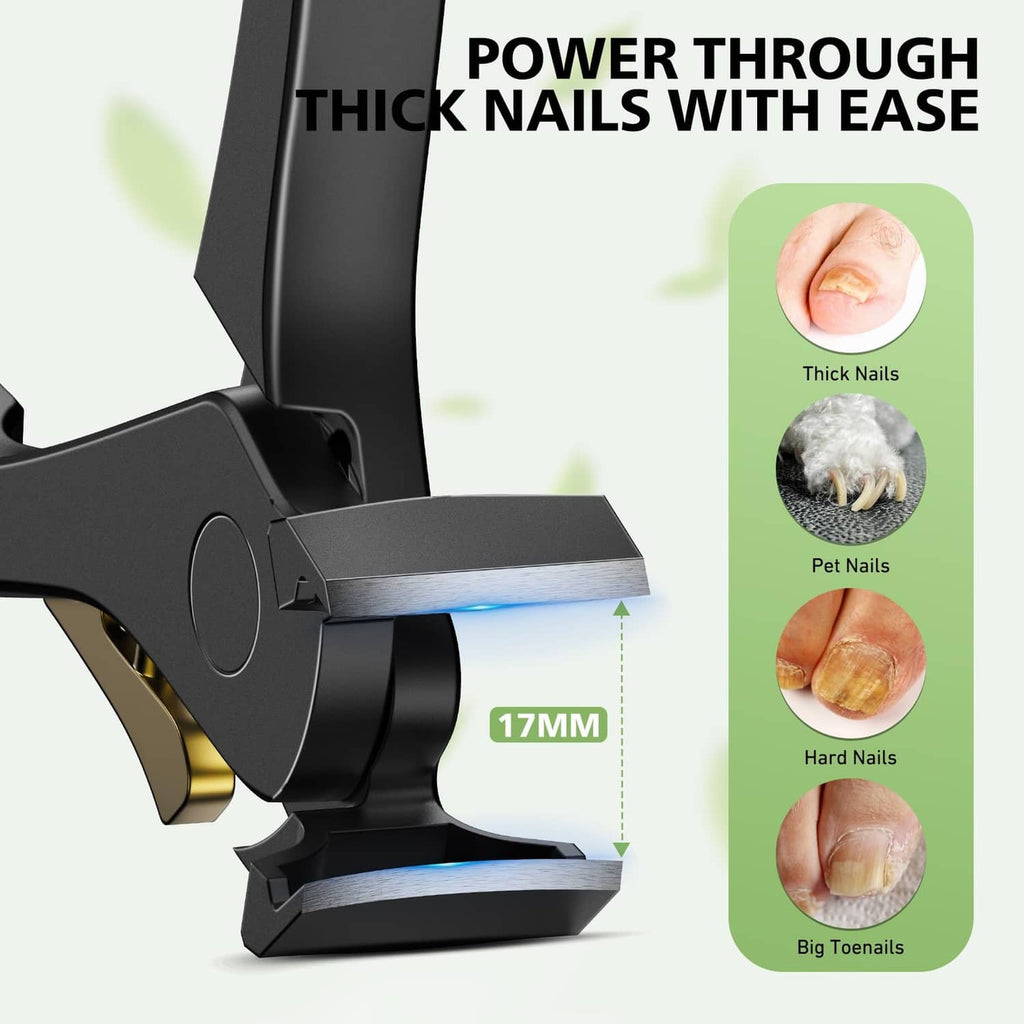 Black nail clipper with wide jaw opening; head shows measured cutting width.
