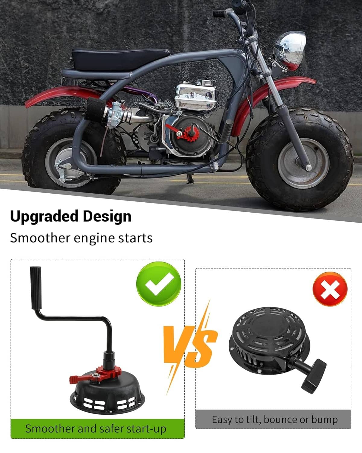 Recoil starter assembly with black housing, red recoil cover, and bent crank handle