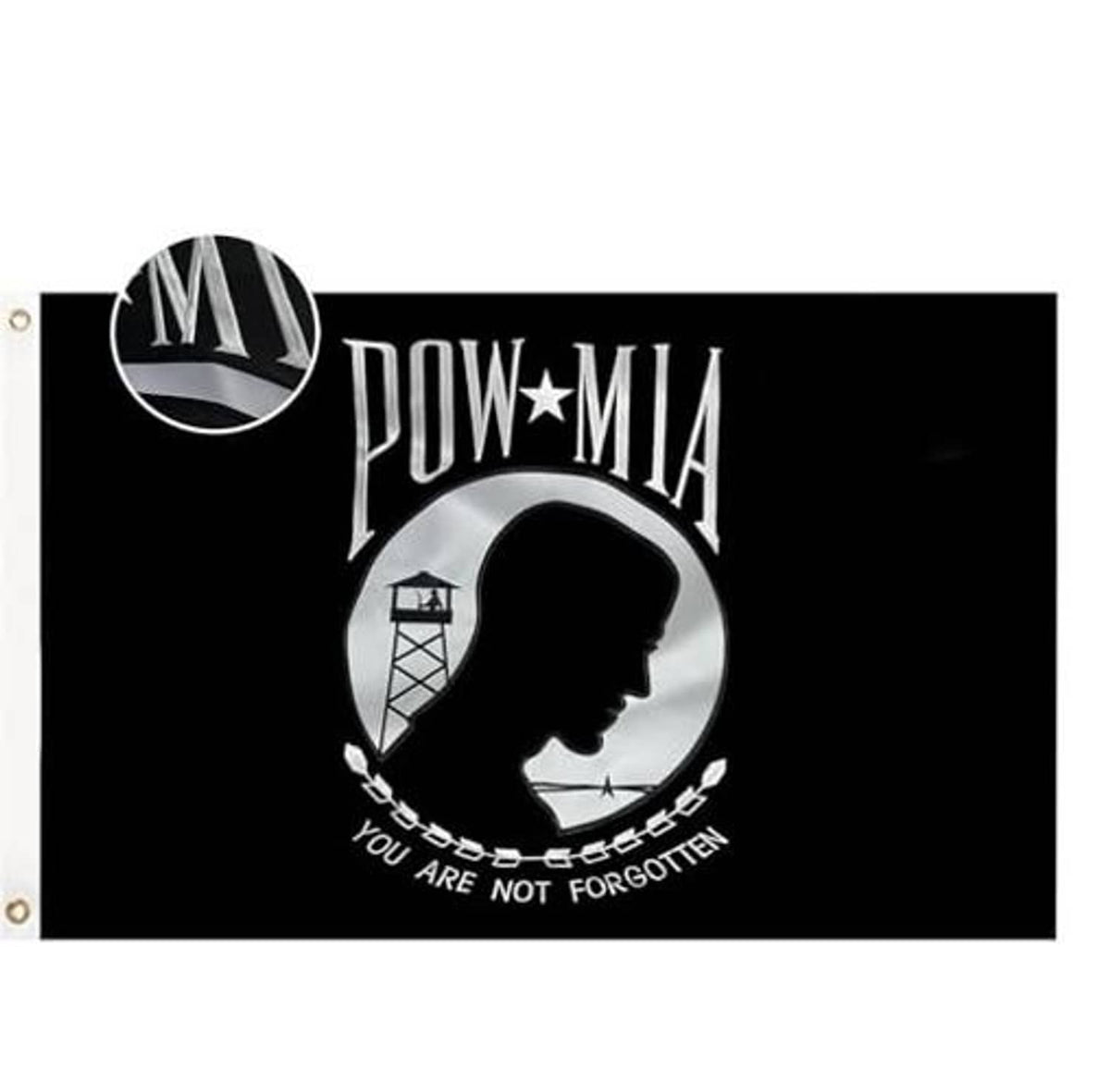 Embroidered POW-MIA polyester flag, black with circular emblem and 'You are not forgotten'