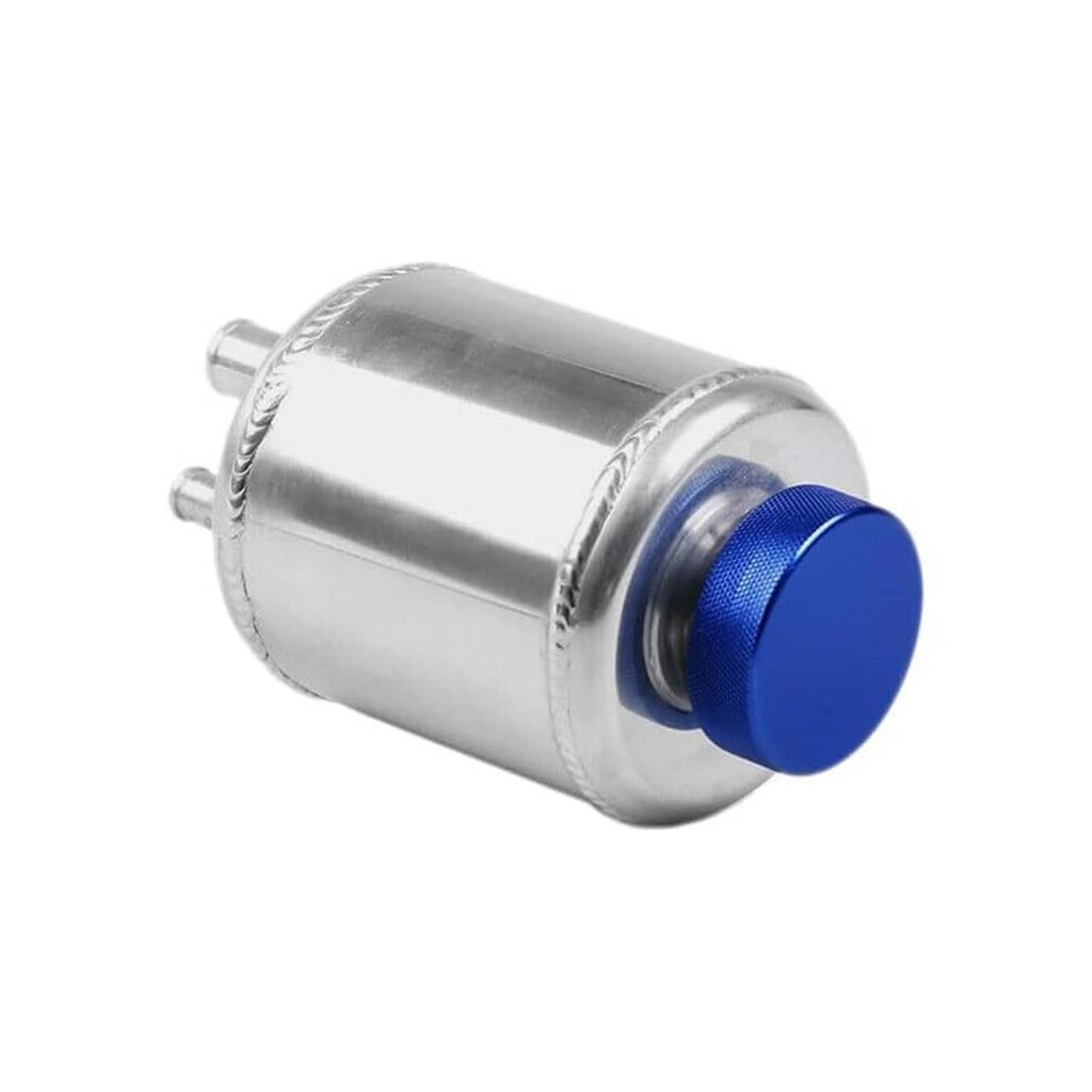 Aluminum power steering fluid reservoir tank with blue cap and side outlet fittings