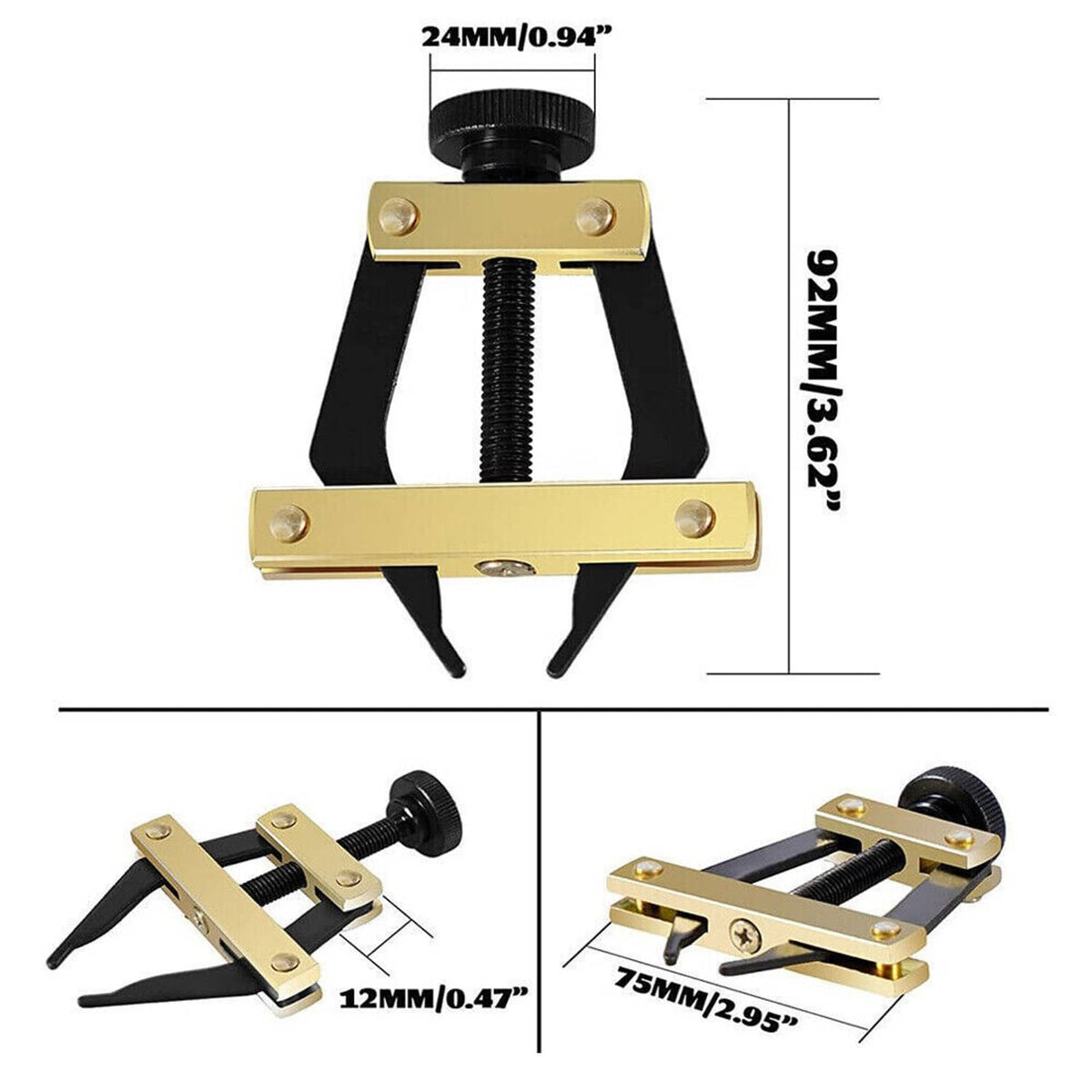 Adjustable roller chain breaker tool with black clamp frame and gold jaws