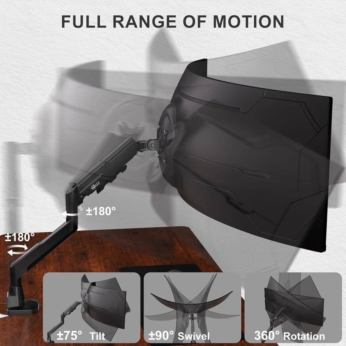 Articulating black monitor arm with tilt, swivel, and rotation range