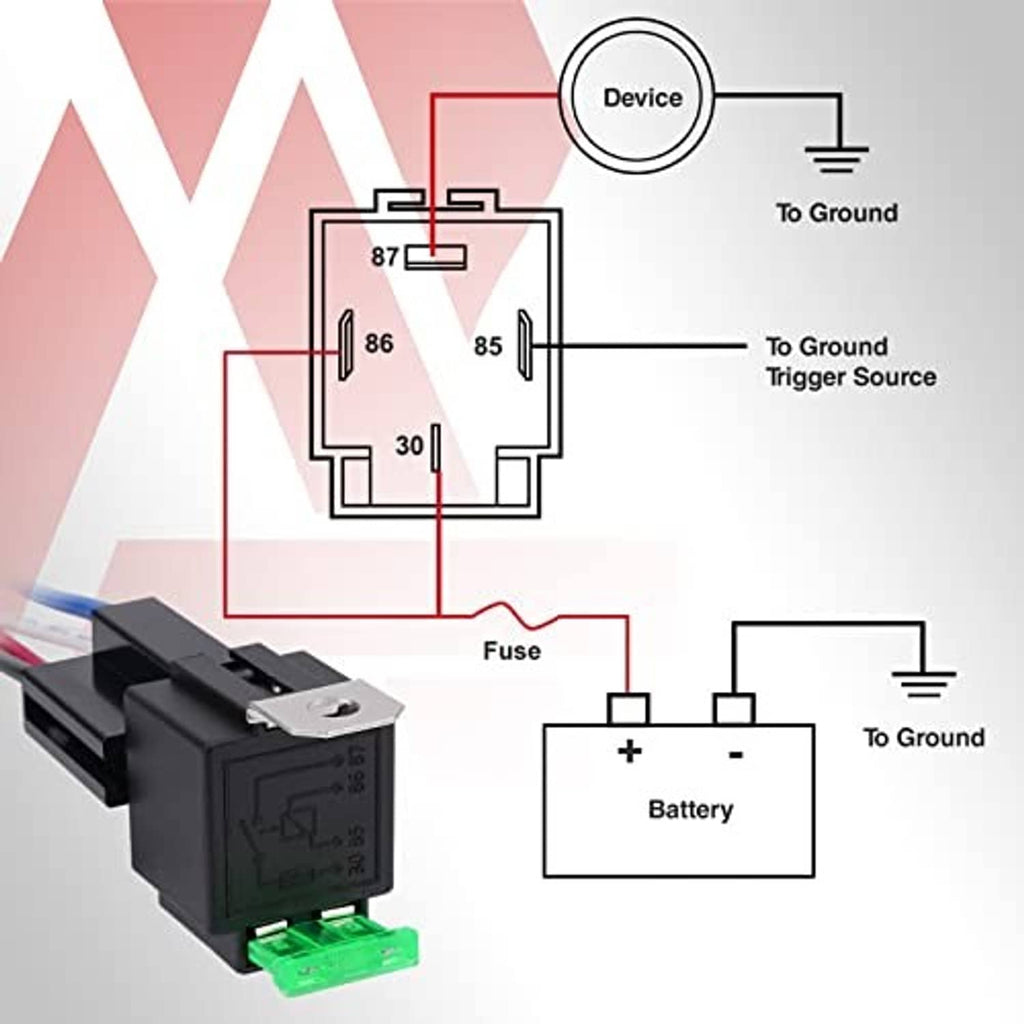 Fused DC SPST relay with green blade fuse and wire leads, 4-pin connection
