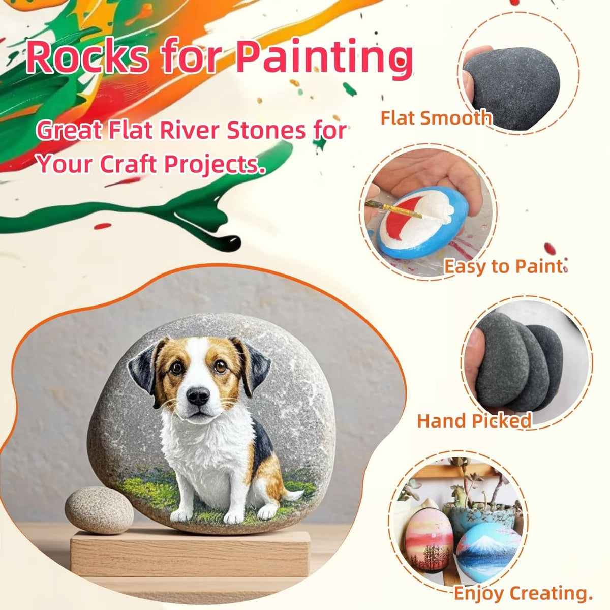 Painted oval river rock featuring a seated dog portrait, with gray rocks nearby
