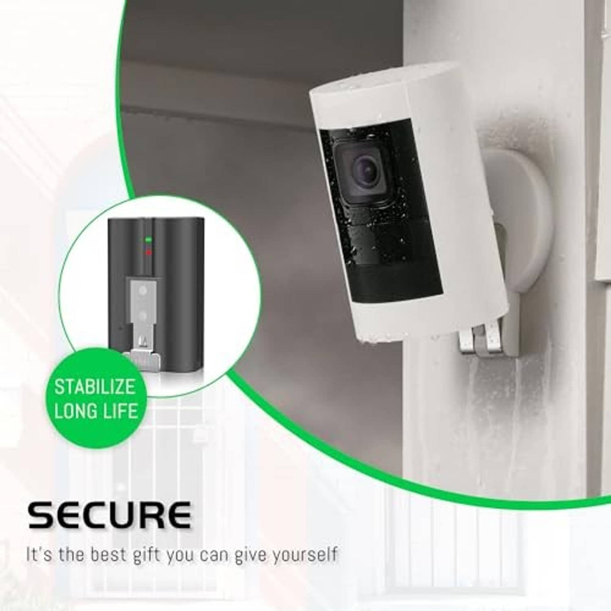 Charging dock installed near a smart doorbell, showing battery slot and LEDs