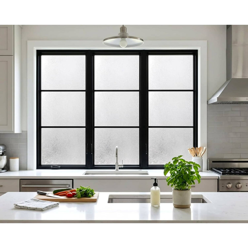 Frosted privacy window film on kitchen triple window with crystal-textured frosted glass look