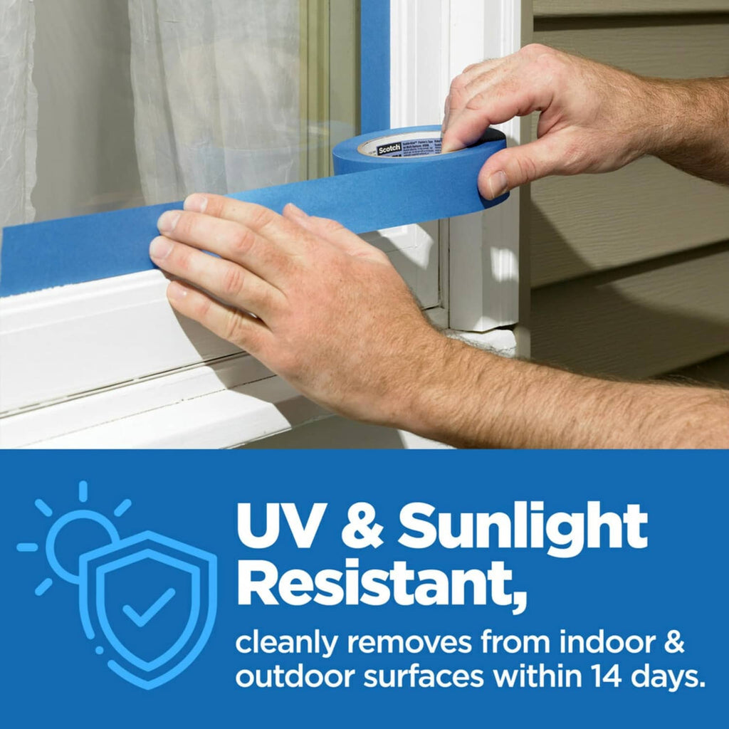 Blue painter's tape applied to window trim; UV and sunlight resistant