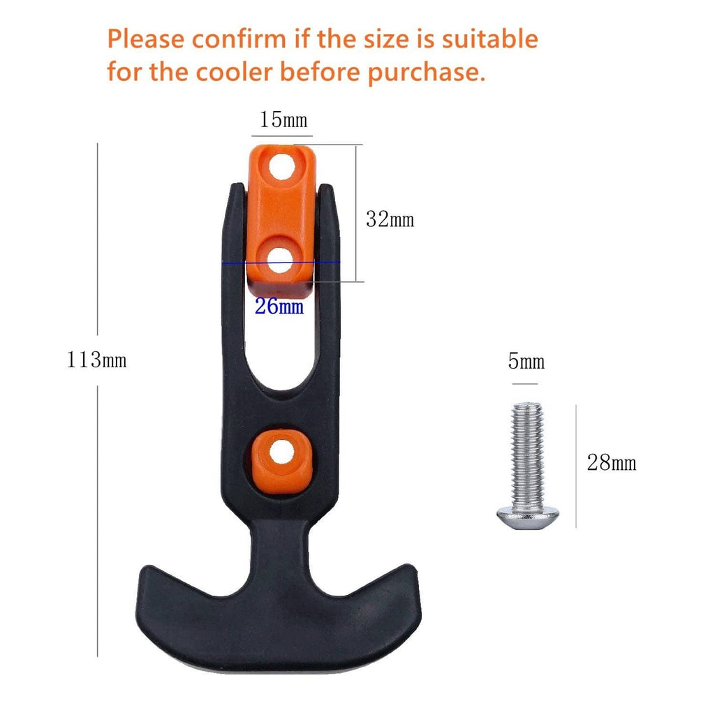 Cooler latch clip dimensions with orange insert and silver mounting screw
