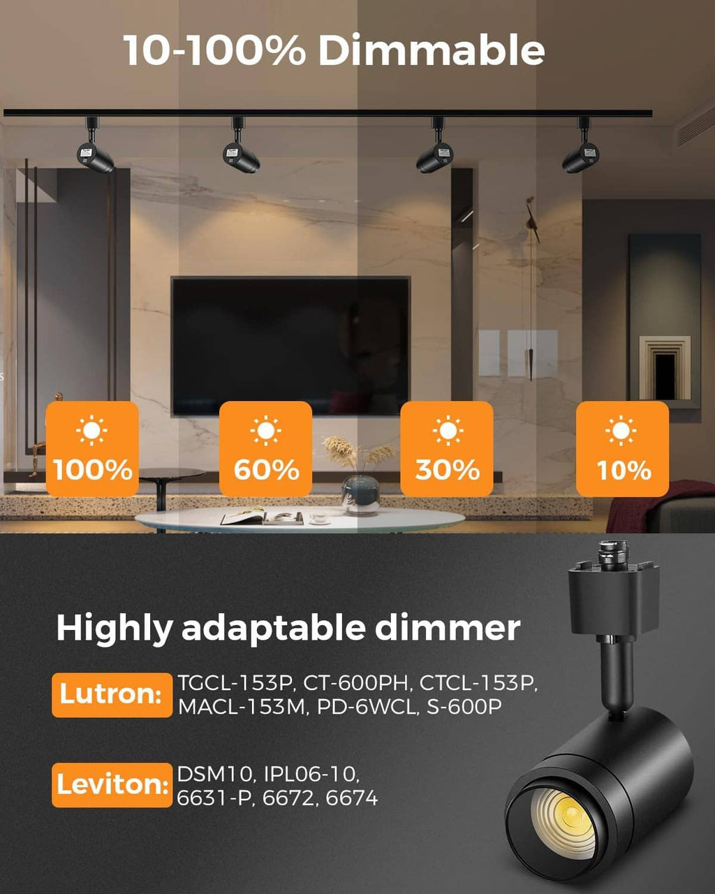 Black dimmable LED track lighting heads with brightness indicators and spotlight beams
