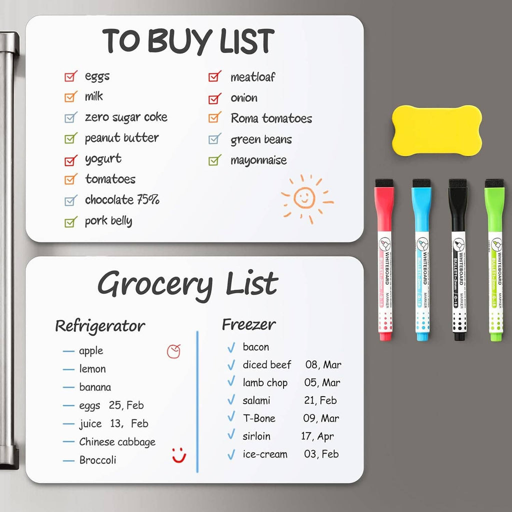 Magnetic dry erase boards on refrigerator with yellow eraser magnet and marker pens
