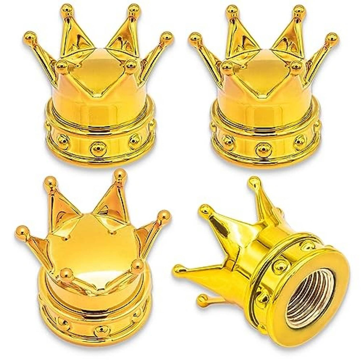 Gold crown tire valve stem caps, including two caps with visible threaded inner openings