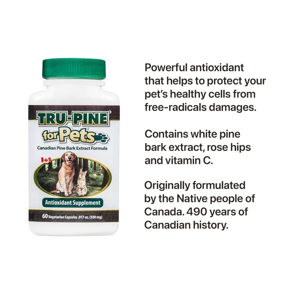 Tru-Pine for Pets antioxidant supplement bottle with side label and pet healthy-cells text
