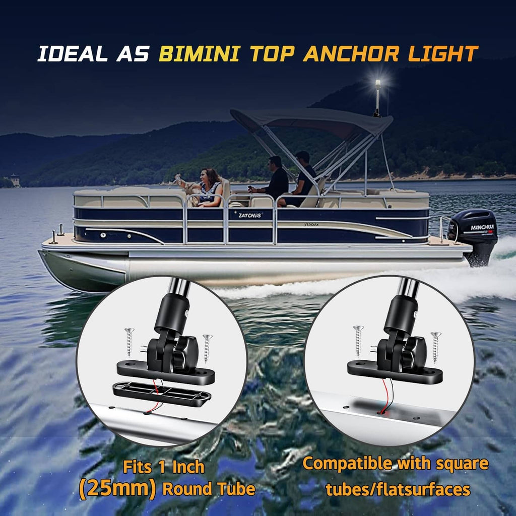 Bimini top anchor light clamp for round tubes, black bracket with clear LED housing