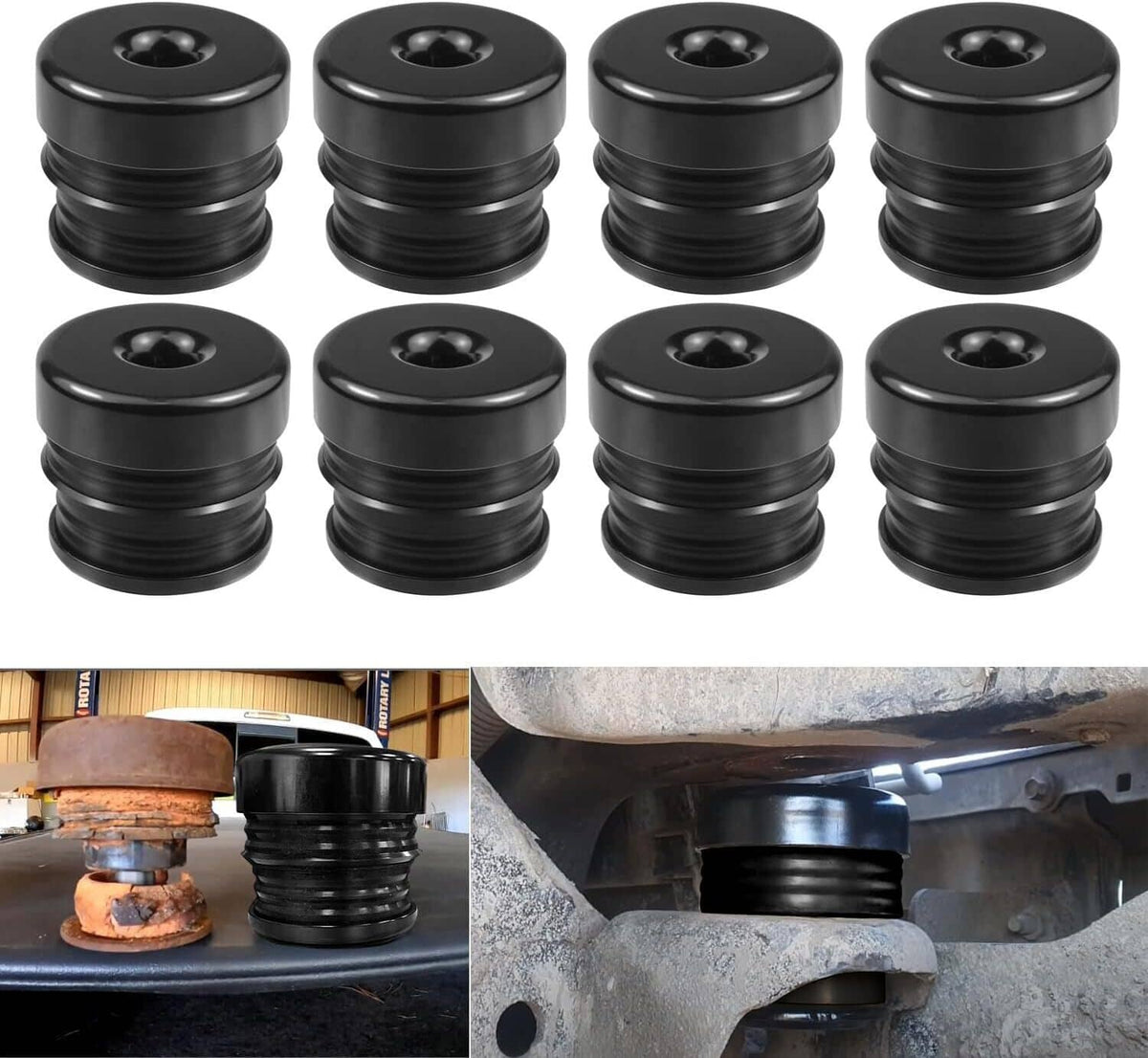 Silicone body mount bushing kit, 8 black isolator mounts with steel cups and caps