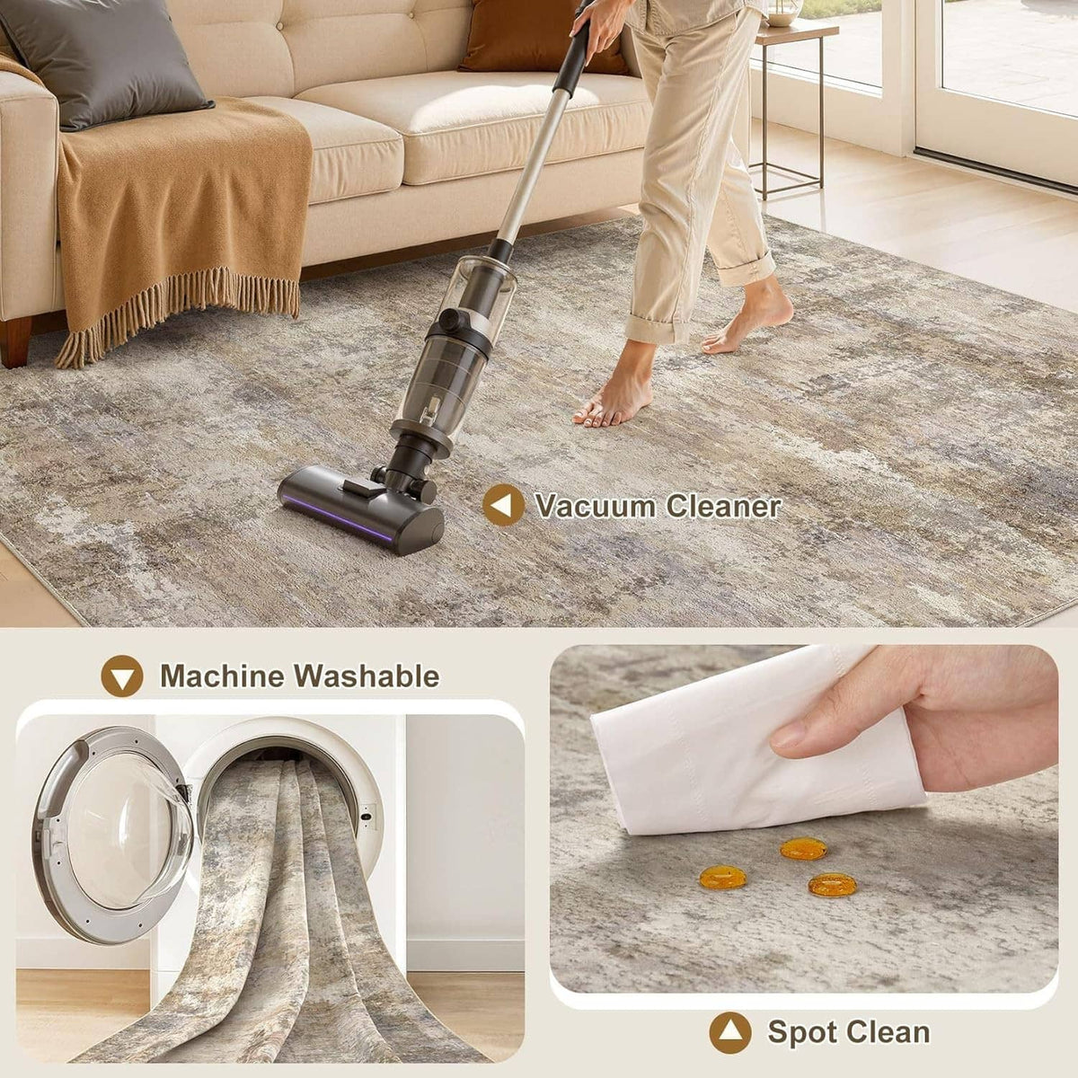 Distressed beige and gray area rug with bordered edge, shown with vacuum cleaning