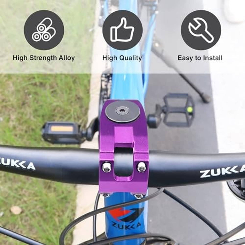 Purple bike stem clamp mounted on handlebar tube with two-bolt faceplate
