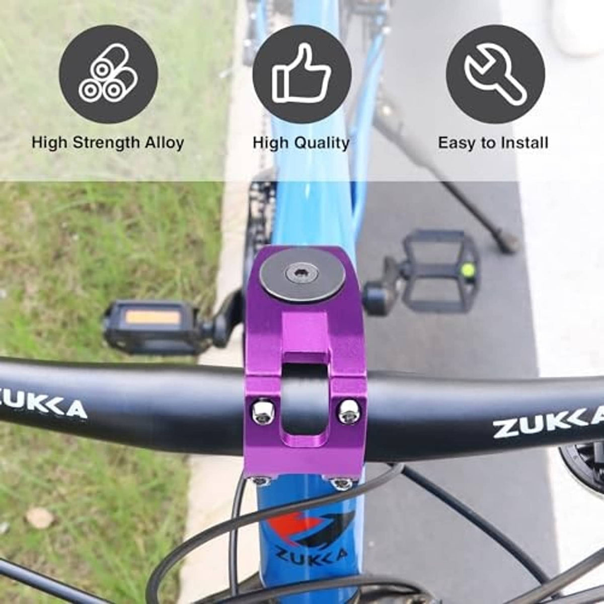 Purple bike stem clamp mounted on handlebar tube with two-bolt faceplate