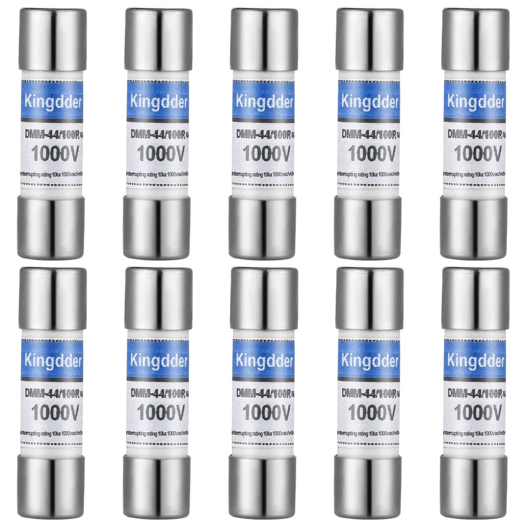 Set of silver cylindrical instrument fuses with blue Kingdder label, end caps