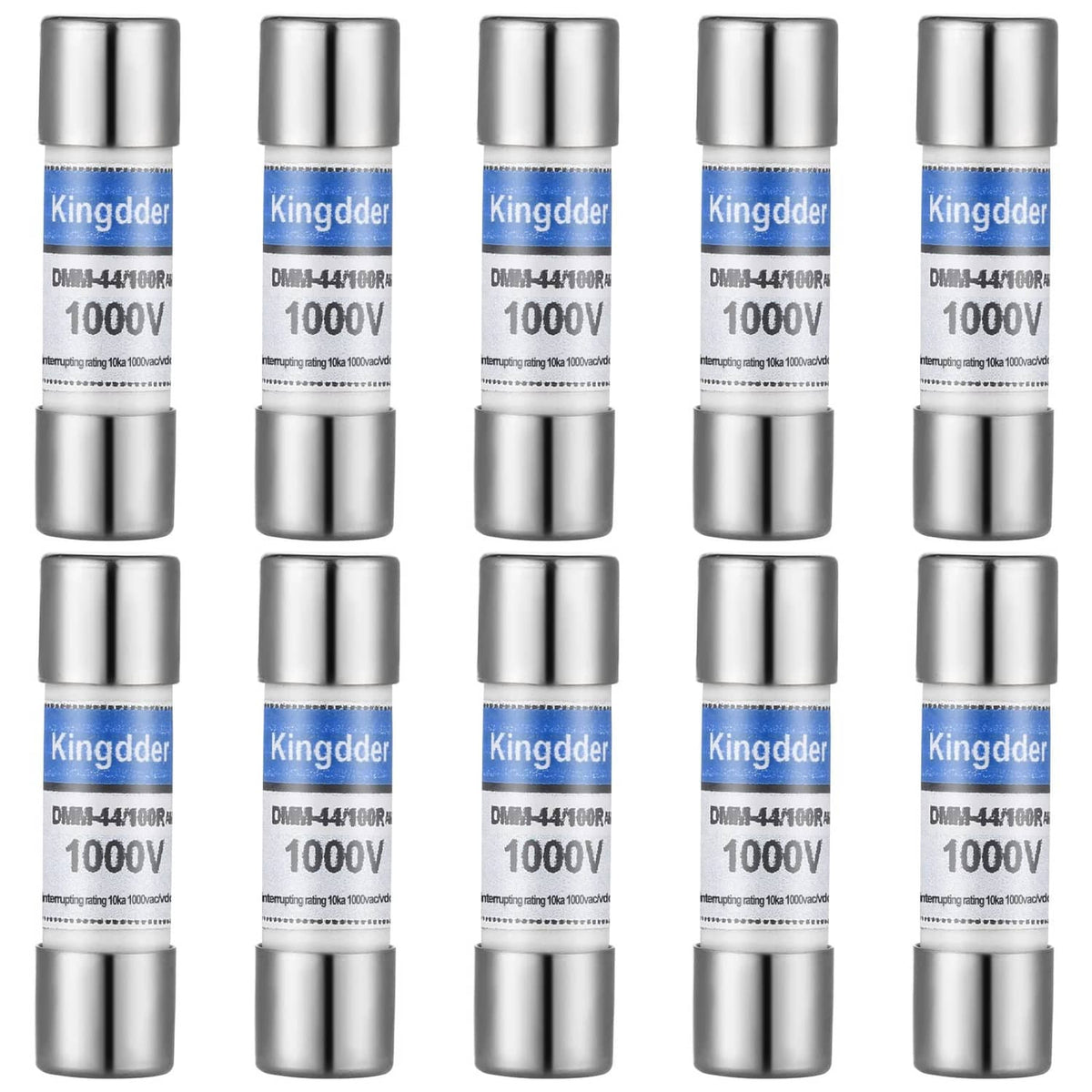 Set of silver cylindrical instrument fuses with blue Kingdder label, end caps