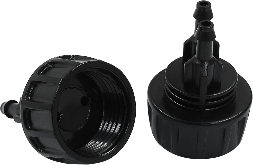 Black drip irrigation adapter fittings showing threaded inlet and barbed outlet ends