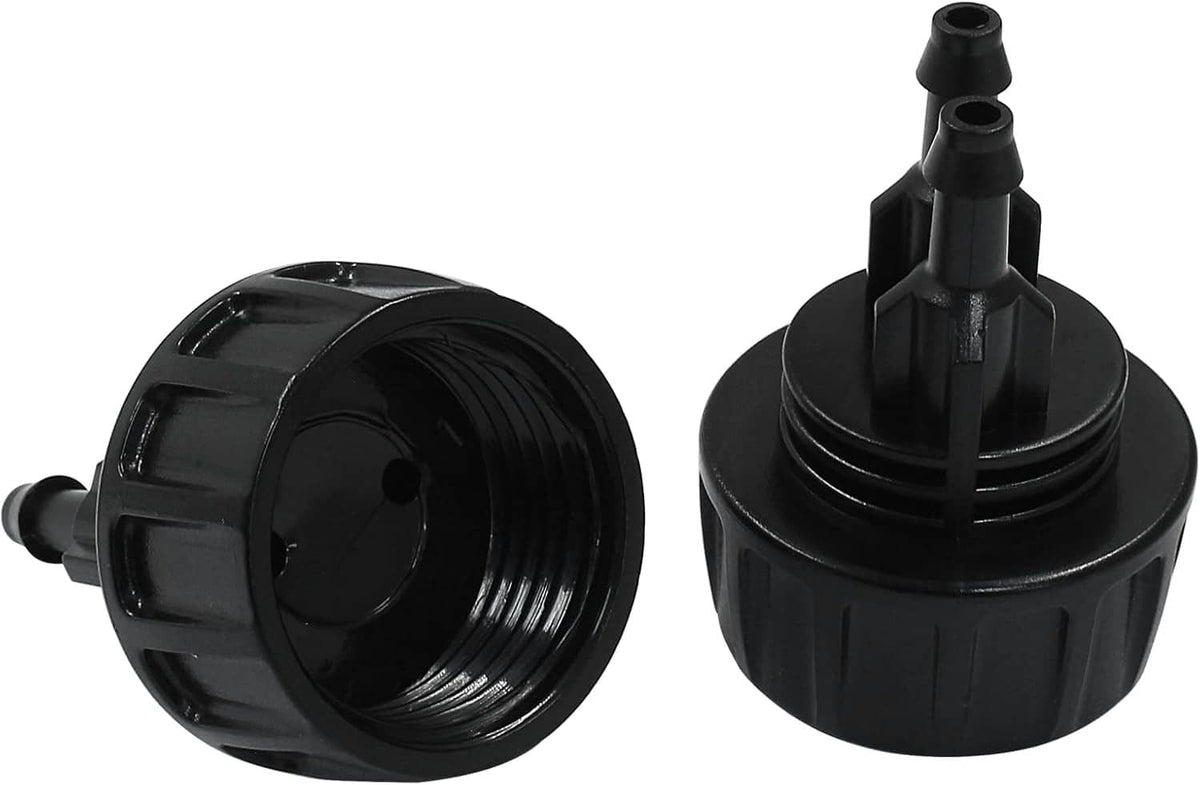 Black drip irrigation adapter fittings showing threaded inlet and barbed outlet ends