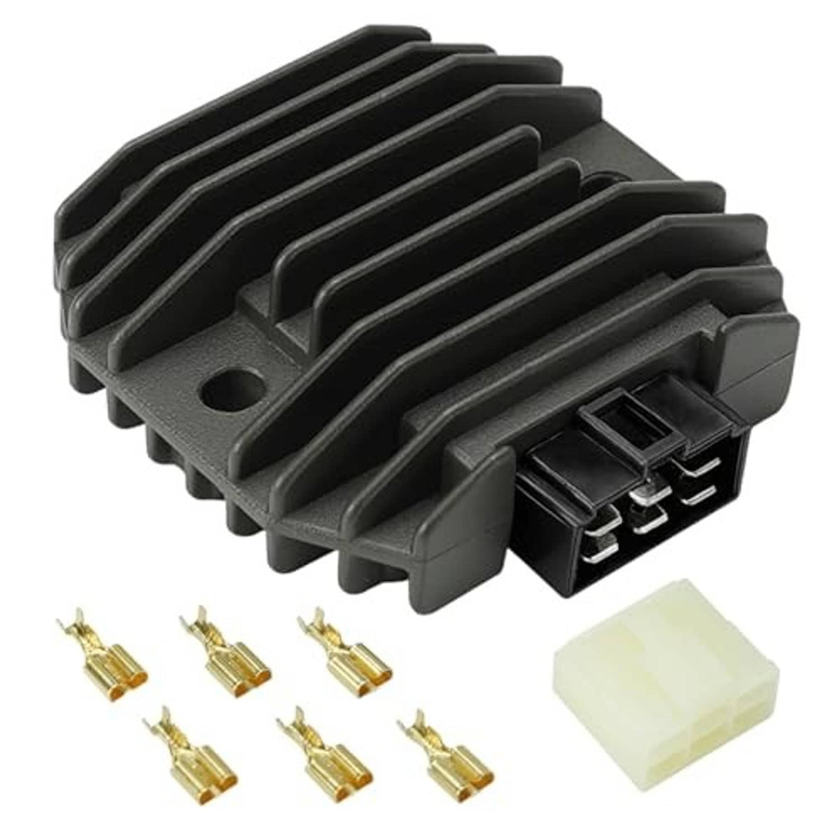 Black voltage regulator rectifier with finned heatsink, plug, and included terminals